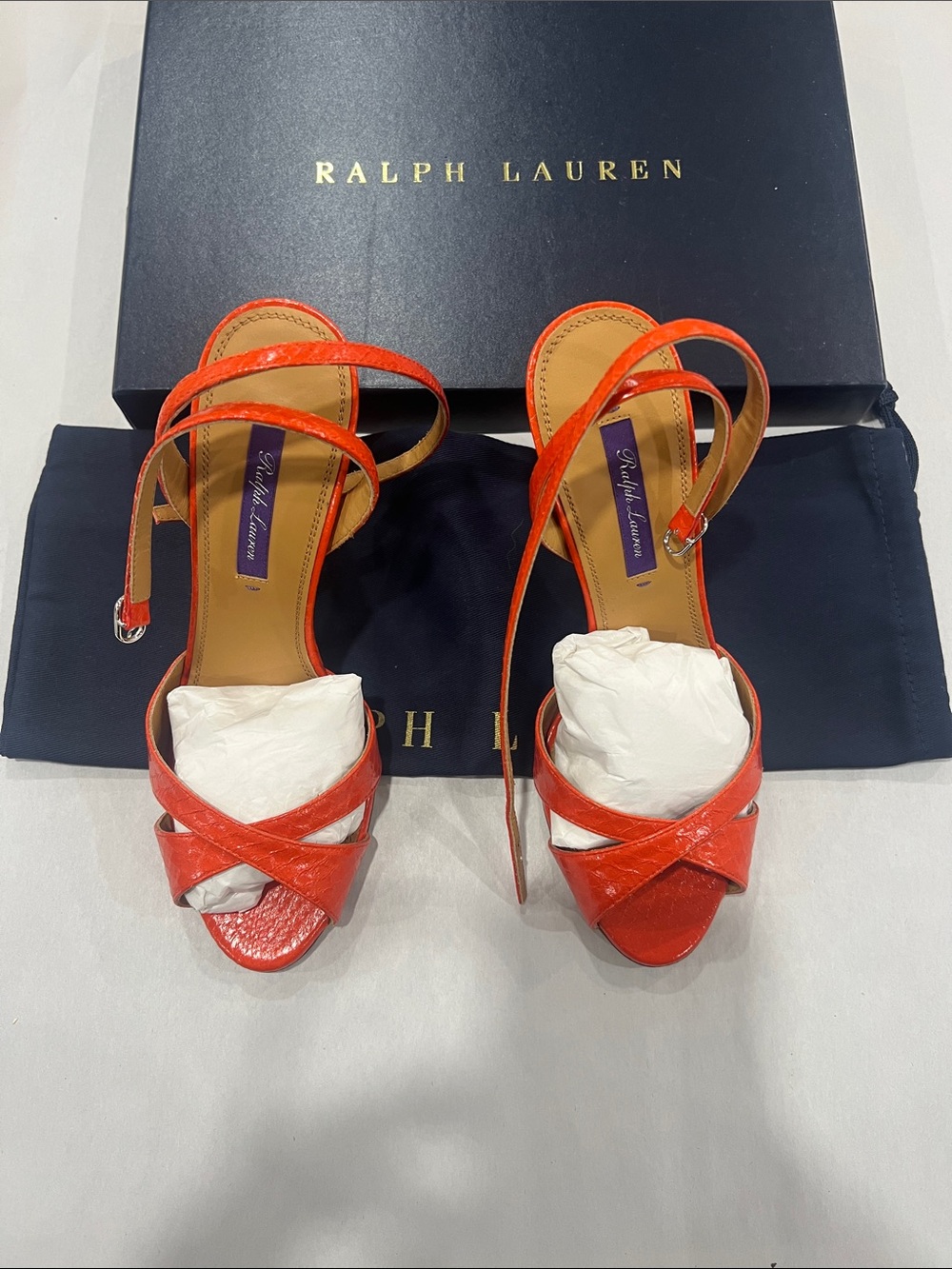 Ralph Lauren Orange-Red Patent Leather Strappy Heels
